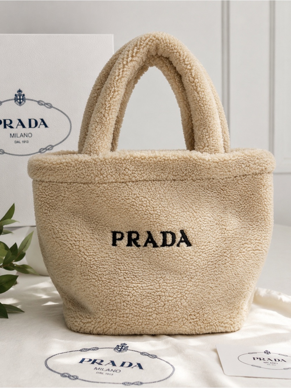 Prada Cream Plush Shearling Tote with Black Logo